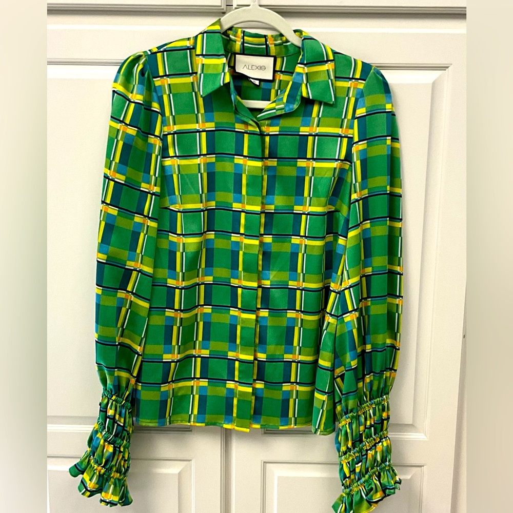 Alexis Green Yellow Blue Plaid Long Sleeve Blouse Top Size-Small